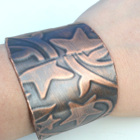 Solid Copper Stars Wide Cuff Bracelet Boho Rustic Star Handmade Bohemian Custom - Picture 6 of 10